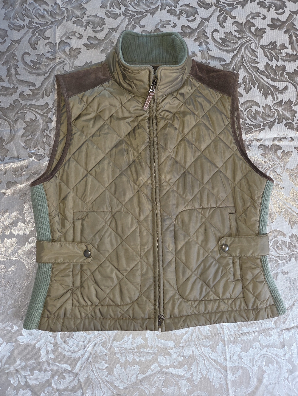 Ralph Lauren Quilted Olive Green Equestrian Vest With Suede Detail